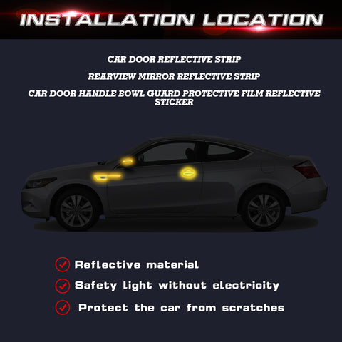 Car Side Door Marker Rearview Mirror Edge & Door Handle Protector Guard Cover Warning Sticker Set, Carbon Fiber Pattern w/ Reflective Safety Strip (Yellow)