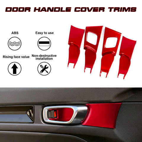 4Pcs Sport Racing Style Red Door Handle Bowl Cover Trim For Honda Civic 11th Gen