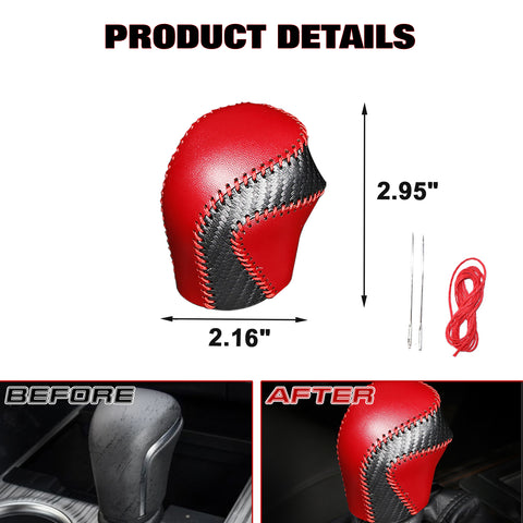 Central Console Gear Shift Head Knob Automatic Transmission Shifter Lever DIY Leather Sewing Protector Cover Decoration,Black Red with Red Stitches, Compatible with Toyota Camry 2018-2022