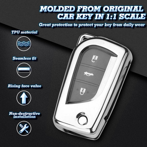 Silver TPU Shockproof Flip Key Fob Case For Toyota Auris Corolla Yaris 2/3/4 Button