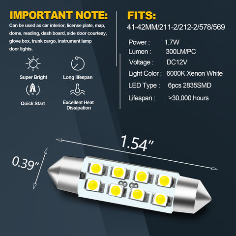 4x White 6K 1.72" 42mm 578 211-2 6411 LED Bulbs For Car Interior Map Dome Lights