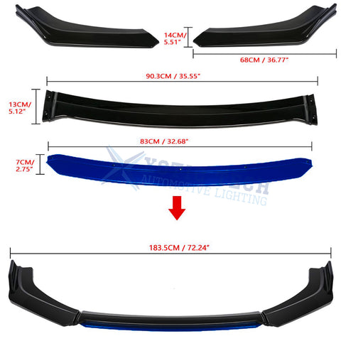 Xotic Tech Front Bumper Lip Chin Spoiler Splitter Diffuser Protector Guard Body Kit Compatible with Honda Accord Civic, Volkswagen MK5 MK6 MK7,Kia Optima,Mitsubishi Lancer, Black w/Blue 4pcs