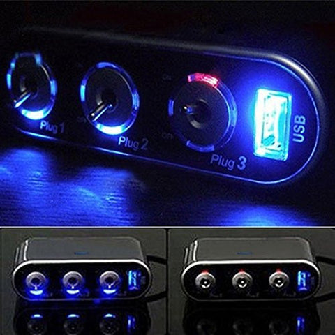 1 Set LED USB Triple 12V Car Cigarette Adapter Splitter Charger Socket w/ Switches for cell phones, tables, etc.
