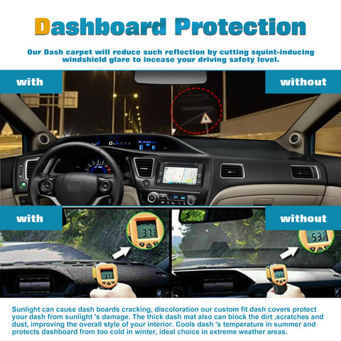 Center Console Dashboard Mat Pre-cut Non-Slip Sunshield Sun Glare Protector Dash Carpet Pad Black Cover Compatible with Honda Civic 2012-2015
