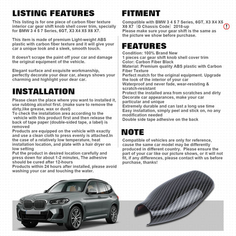 For BMW 3 4 5 7 Series X3 Carbon Fiber Black Gear Shift Knob Shell Cover Trim