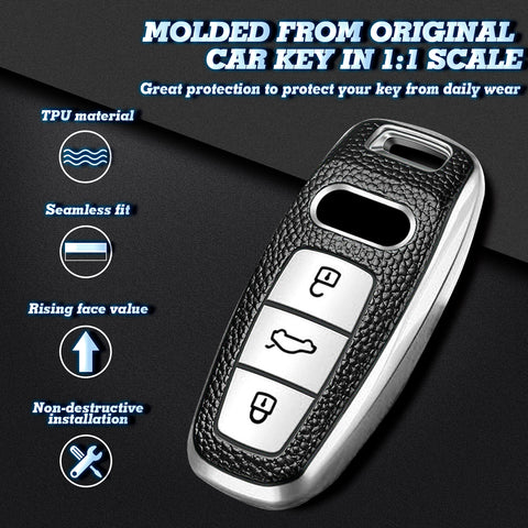 Xotic Tech Silver TPU Grainy Leather Texture Key Fob Shell Cover Case w/ Keychain, Compatible with Audi A3 A6 A7 A8 E-Tron S3 S6 RS6 S7 RS7 Q7 SQ7 Q8 SQ8 3-Button Smart Keyless Entry Key
