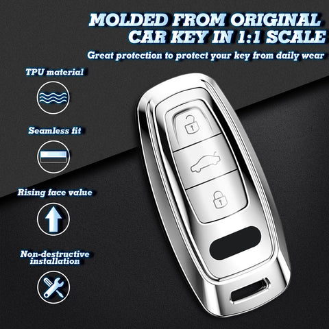 Xotic Tech Silver TPU Key Fob Shell Full Cover Case w/ Red Keychain, Compatible with Audi A6 C6 C5 A3 A4 B6 B7 B9 B8 A5 A2 Q5L Q3 A1 S3 A4L Q7 A5 A7 A8 Q5 R8 TT S5 S6 S7 S8 Smart Keyless Entry Key