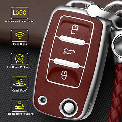 Key Fob Cover for VW Volkswagen Golf GTI Passat Beetle Tiguan Polo EOS Jetta MK1-MK6 3 Buttons,Soft TPU Full Protection Key Shell Case Smart Remote Entry,Brown