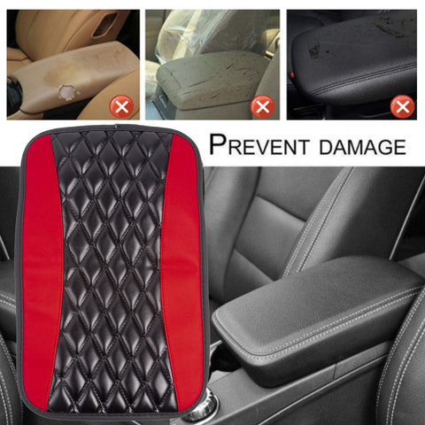 Center Console Armrest Seat Box Cover Pad, Leather Cushion w/Flexible Elastic Band, Universal Accessories for Most Cars, SUV, Truck (Black & Red 12.60"x7.48")