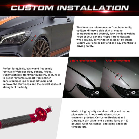 2pcs 45mm Car Adjustable Front Rear Bumper Lip Splitter Trunk Corner Edge Fender Hatch Lid Body Panel Fixed Lock Bar Support Strut Tie Rod Fastener Lever Universal Kit, Carbon Fiber Red
