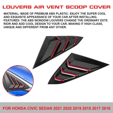 Side Air Vent Window Louver Glossy Black w/Red ABS Cover For Honda Civic 2016-21