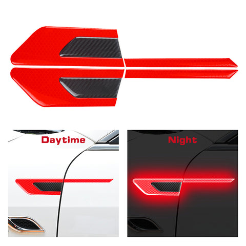 Car Side Door Marker Rearview Mirror Edge & Door Handle Protector Guard Cover Warning Sticker Set, Carbon Fiber Pattern w/ Reflective Safety Strip (Red)