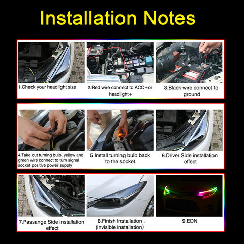 2pcs RGB Car LED Light Strip, 24" Multicolor LED Daytime Running Light Bar Sequential Turn Signal Light Tube Flexible Car Switchback Headlight Kit