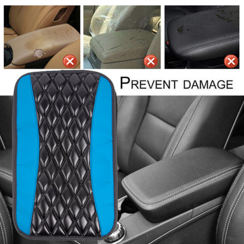 Xotic Tech Center Console Armrest Seat Box Cover Pad, Leather Cushion w/Flexible Elastic Band, Universal Accessories for Most Cars, SUV, Truck (Black & Blue 12.60"x7.48")