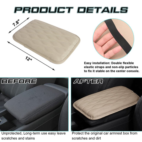 1PC Universal Car Center Console Armrest Pad Cover Seat Box Leather Pattern Beige 30x21cm