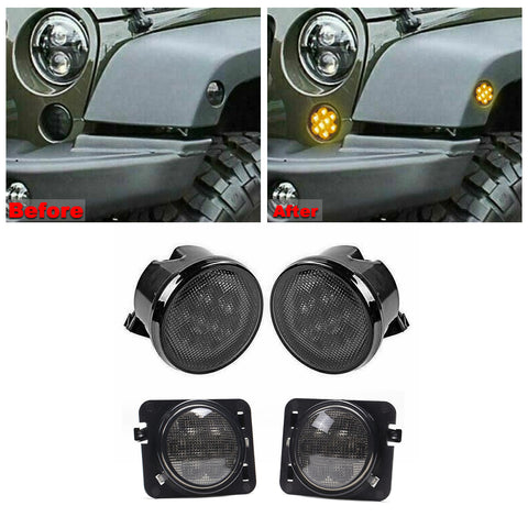 LED Turn Signal + Side Marker Fender Lights Smoked Lens For Jeep Wrangler JK