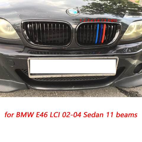 TRI Color M Sporty Grille Insert Trim Exact Fit Kidney Grill Stripe Clip for BMW 3 series E46 LCI Sedan 2002-2004 (11 beam bars)