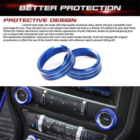 2pcs Centre Console Radio Volume Tune Switch Control Knob Surrounding Ring Decoration Covers Compatible with Ford Mustang 2015-up (Blue)