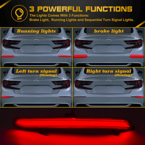 Red LED Bumper Reflector Flowing Brake Tail Light Signal For 2018-2021 Honda Accord
