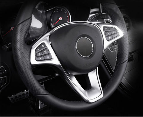 Xotic Tech Carbon Fiber Pattern/ Silver Chrome Steering Wheel Panel Cover Sticker for Mercedes Benz C E GLC 2014- 2017
