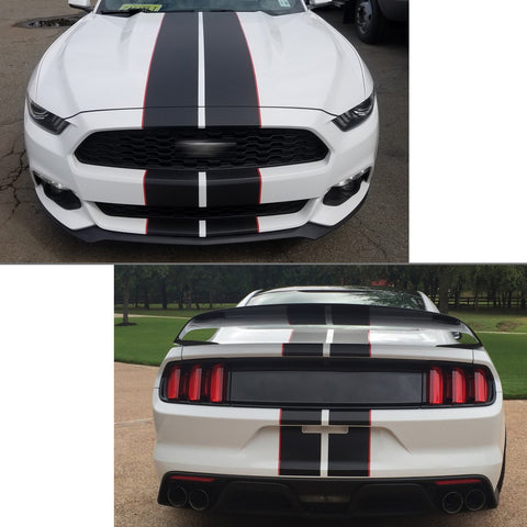 JDM Vinyl Stripe Sticker Sporty Racing Graphics Decal Trim for Ford Mustang 2015-2020 Hood Roof Rear Trunk Decoration, Glossy Black with Red Side