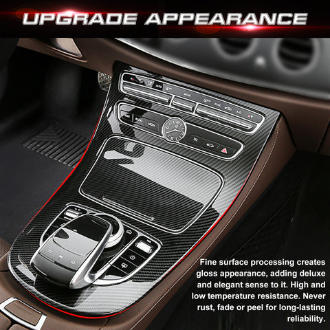 Center Console Gear Shift Panel Frame Cover Trim, Carbon Fiber Pattern, Compatible with Mercedes Benz E Class W213 2016-2018 (With Clock)