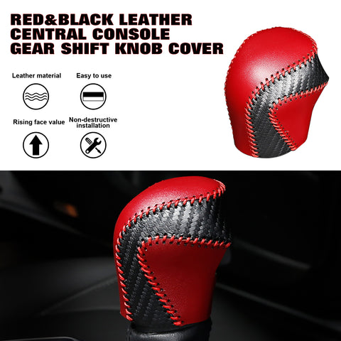 Central Console Gear Shift Head Knob Automatic Transmission Shifter Lever DIY Leather Sewing Protector Cover Decoration,Black Red with Red Stitches, Compatible with Toyota Camry 2018-2022