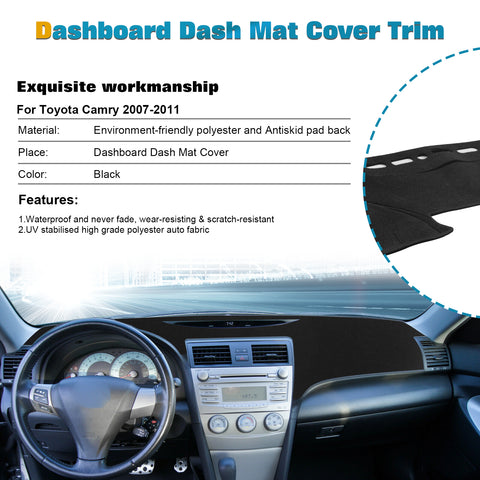 Center Console Dashboard Mat Pre-cut Non-Slip Sunshield Sun Glare Protector Dash Carpet Pad Black Cover Compatible with Toyota Camry 2007-2011
