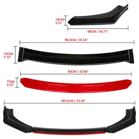 Xotic Tech Front Bumper Lip Chin Spoiler Splitter Diffuser Protector Guard Body Kit Compatible with Honda Accord Civic, Volkswagen MK5 MK6 MK7,Kia Optima,Mitsubishi Lancer, Black w/Red 4pcs
