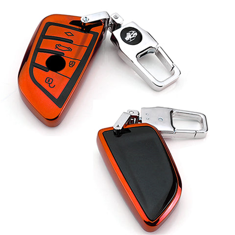 for BMW Key Fob Cover - Soft TPU Front + ABS Shell Back Blade Shape Key Case Pouch Key Protector for BMW X1 X5 X6 1 2 5 Series, Glossy Blue / Red / Silver