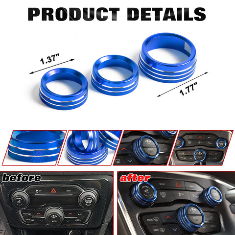 3PCS Blue Alloy Aluminum AC Climate Twist Radio Volume Adjust Switch Button Control Knob Ring Cover Trim Compatible with Dodge Charger Challenger or Chrysler 300 300s 2015-2021