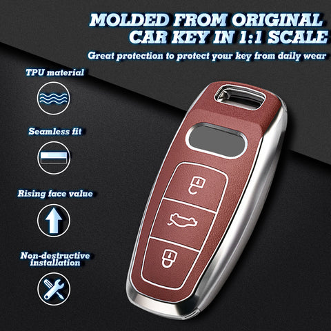 Brown Soft TPU Leather Full Seal Remote Key Fob Cover For Audi A6L Q7 3 Button