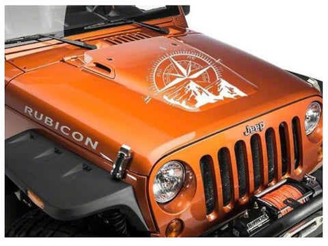 Car Home Decor - Compass Rose with Mountains Vinyl Decal Sticker for Car Trunk Door Window Hood, Shop Window, White