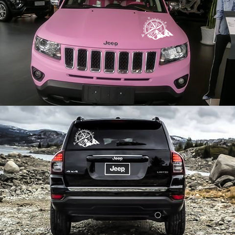 Car Home Decor - Compass Rose with Mountains Vinyl Decal Sticker for Car Trunk Door Window Hood, Shop Window, White