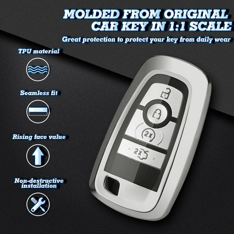 Xotic Tech Silver TPU Key Fob Shell Full Cover Case w/ Red Keychain, Compatible with Ford Mustang, F-150, F-250, F-350, Explorer or Lincoln MKZ Smart Keyless Entry Key