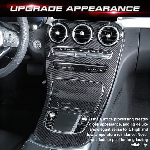 Center Console Gear Shift Panel Frame Cover Trim, Carbon Fiber Pattern, Compatible with Mercedes Benz C Class W205 2019-2020, GLC Class X253 2020 (Without Clock)