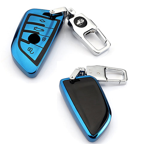 for BMW Key Fob Cover - Soft TPU Front + ABS Shell Back Blade Shape Key Case Pouch Key Protector for BMW X1 X5 X6 1 2 5 Series, Glossy Blue / Red / Silver