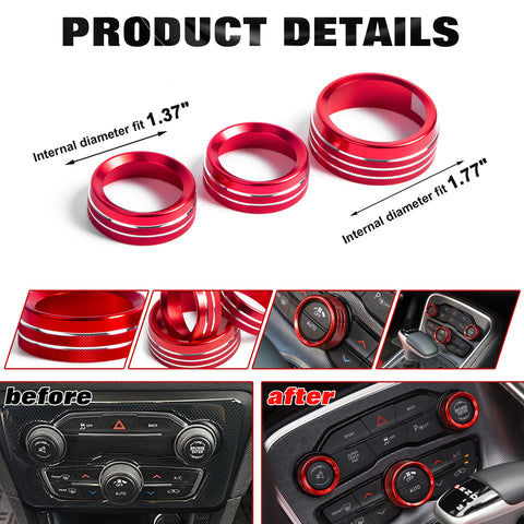 3X Alloy AC Radio Volume Adjust Knob Ring Circle Cover Trim For Dodge Charger Challenger 2015-2019