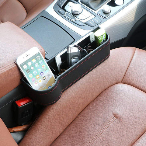 2PCS Car Front Seat Console Left & Right Side Pocket Gap Filler Cup Holder Organizer Storage Box for Cellphones Keys Cards Wallets Sunglasses, Black Leather (2.95" in Diameter)
