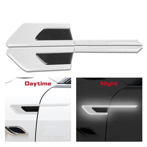 Car Side Door Marker Rearview Mirror Edge & Door Handle Protector Guard Cover Warning Sticker Set, Carbon Fiber Pattern w/ Reflective Safety Strip (White)