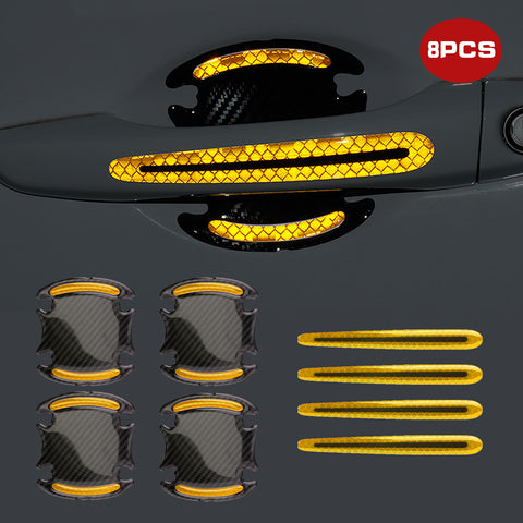 Car Door Handle Reflective Stickers Scratch Protective Cover Guard, Carbon Fiber Pattern w/Safety Warning Strip (Yellow)