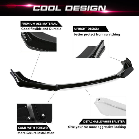 Front Bumper Lip Chin Spoiler Splitter Diffuser Protector Body Kit Compatible with Honda Accord Civic or Volkswagen MK5 MK6 MK7 or Kia Optima or Mitsubishi Lancer, Matte Black w/White 4pcs