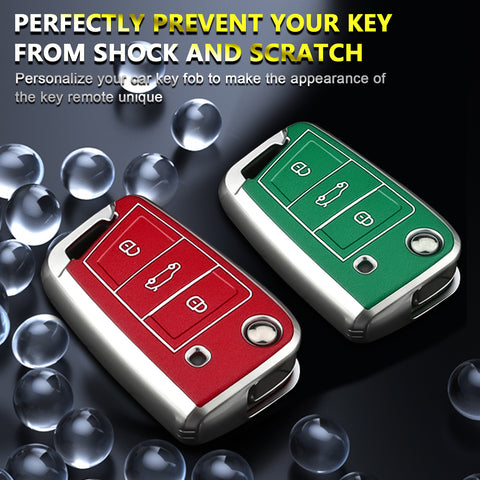 Key Fob Cover for VW Volkswagen Golf GTI Passat Beetle Tiguan Polo EOS Jetta MK1-MK6 3 Buttons,Soft TPU Full Protection Key Shell Case Smart Remote Entry,Green