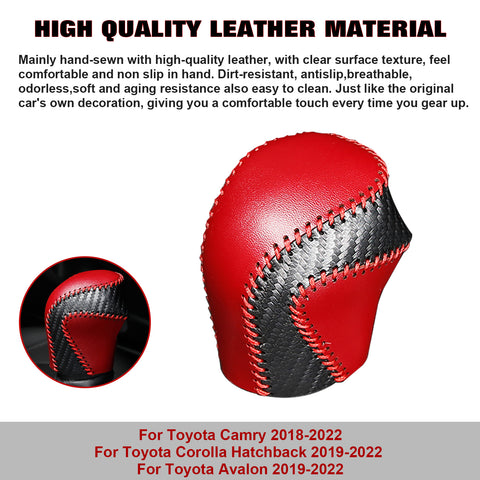 Central Console Gear Shift Head Knob Automatic Transmission Shifter Lever DIY Leather Sewing Protector Cover Decoration,Black Red with Red Stitches, Compatible with Toyota Camry 2018-2022