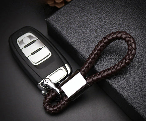 Genuine Leather Keychain, Weave Braided Leather Car Key Chain Ring Grip Strap, Brown