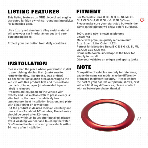 Aluminum Keyless Start Engine Stop Push Button Surrounding Ring Decoration Cover Trim Compatible with Mercedes Benz B C E S G CL SL ML GL CLA GLA GLC GLK GLS Class (Red)