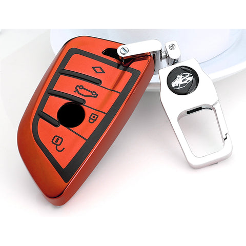 for BMW Key Fob Cover - Soft TPU Front + ABS Shell Back Blade Shape Key Case Pouch Key Protector for BMW X1 X5 X6 1 2 5 Series, Glossy Blue / Red / Silver