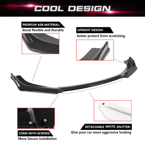 Front Bumper Lip Chin Spoiler Splitter Diffuser Protector Body Kit Compatible with Honda Accord Civic or Volkswagen MK5 MK6 MK7 or Kia Optima or Mitsubishi Lancer, Carbon Black w/White 4pcs