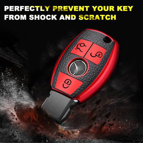 Keyless Remote Entry Key Fob Shell Cover Case TPU Leather Red For Mercedes Benz