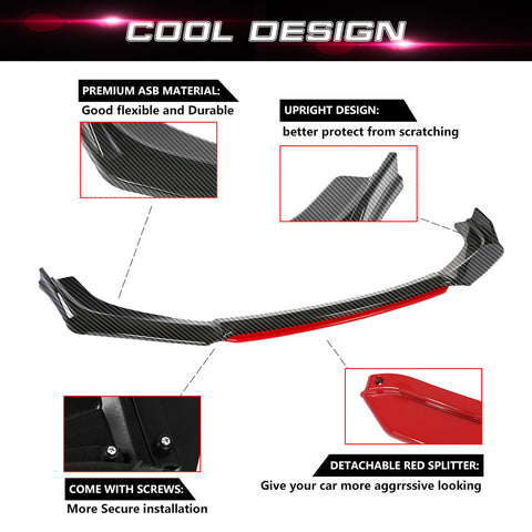 Front Bumper Lip Chin Spoiler Splitter Diffuser Protector Body Kit Compatible with Honda Accord Civic or Volkswagen MK5 MK6 MK7 or Kia Optima or Mitsubishi Lancer, Carbon Black w/Red 4pcs